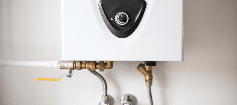 the bottom half of a tankless water system which is installed into the wall of a San Rafael home