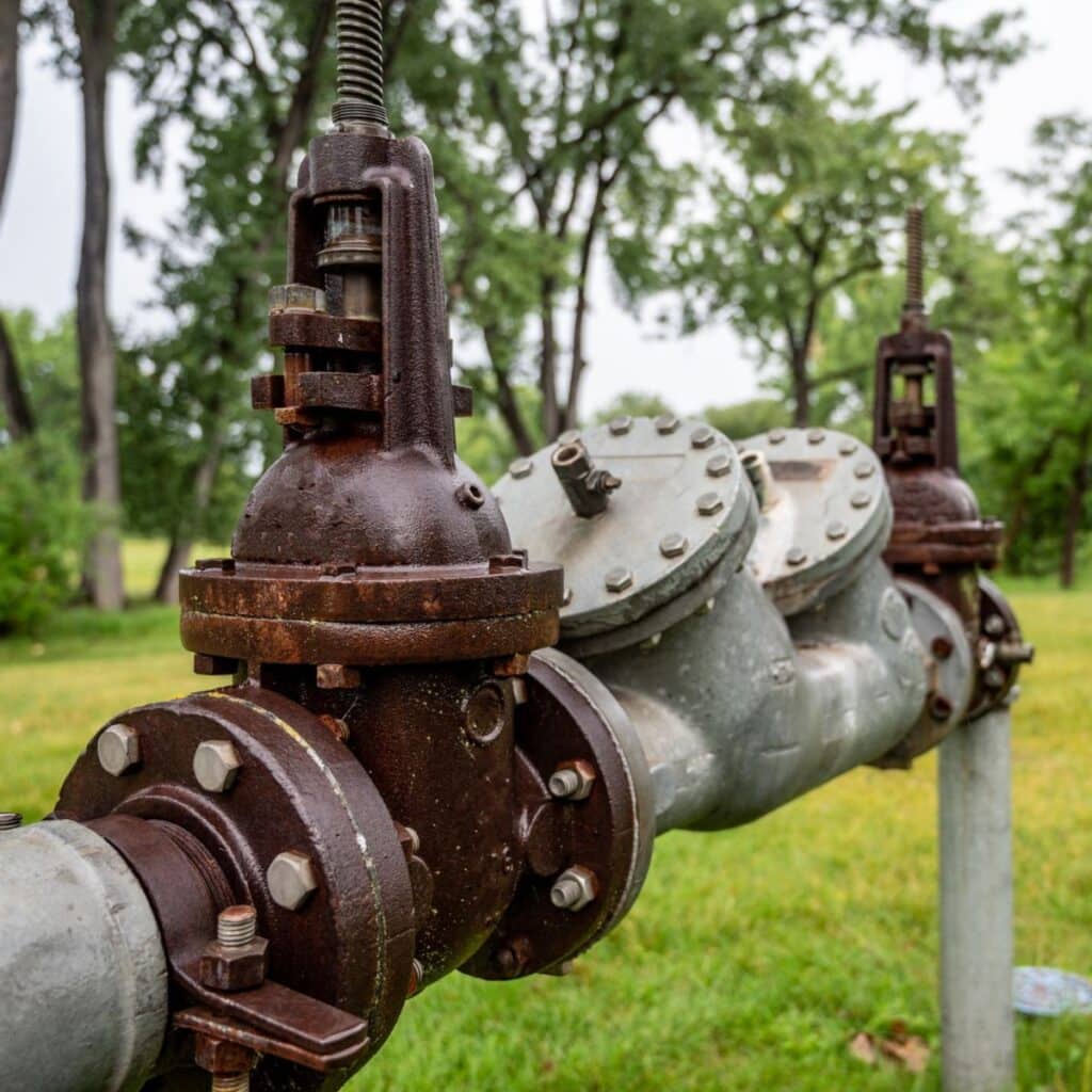 a backflow preventer system installed in the grass outside