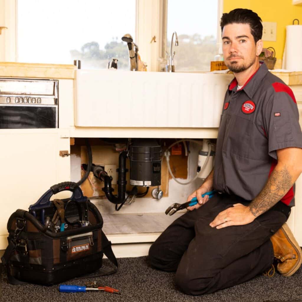 a Gotelli plumber kneeling in front of a kitchen sink to provide a plumbing repair